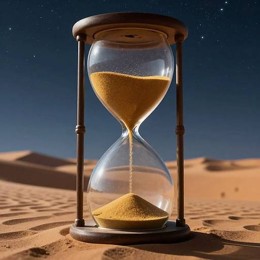 Photograph of an hourglass with golden sand, standing on a desert with starry night sky, illuminated by moonlight.