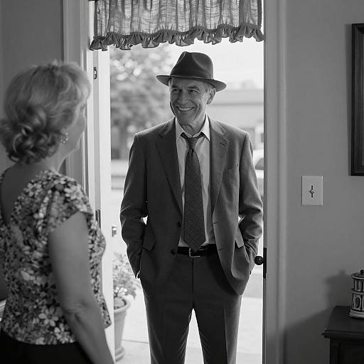 Man in Suit Welcomed at Doorway