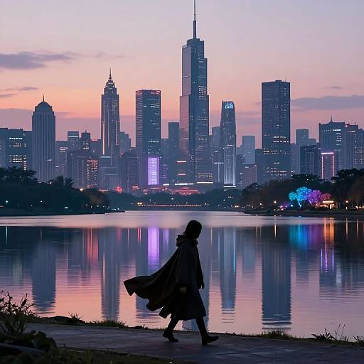 Photograph of a silhouetted figure in a flowing cloak walking by a reflective lake at sunset, with a glowing, neon-lit city skyline