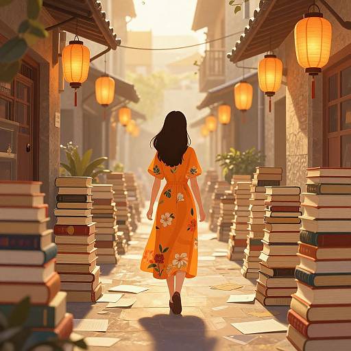 Photograph-style digital art: Woman in yellow floral dress walks down sunlit, lantern-lit alley lined with stacks of books. Warm, golden light