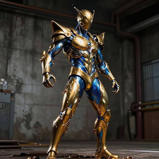 CGI image of a muscular, golden and blue robotic warrior standing in a dimly lit, industrial warehouse, with metallic textures and water droplets on