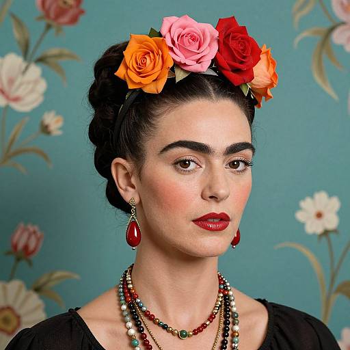 Photograph of a woman with dark hair in an updo, wearing a colorful flower crown, red lipstick, and beaded jewelry, against a blue