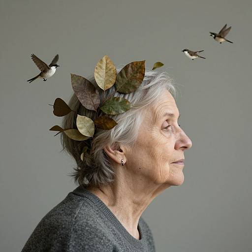 Photograph of an elderly white woman with short gray hair, wearing a leaf crown, gray sweater, and small earrings, profile view, with three birds