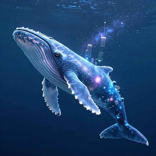 Digital illustration of a glowing blue whale with bioluminescent patterns, surrounded by underwater bubbles and floating cityscape lights.