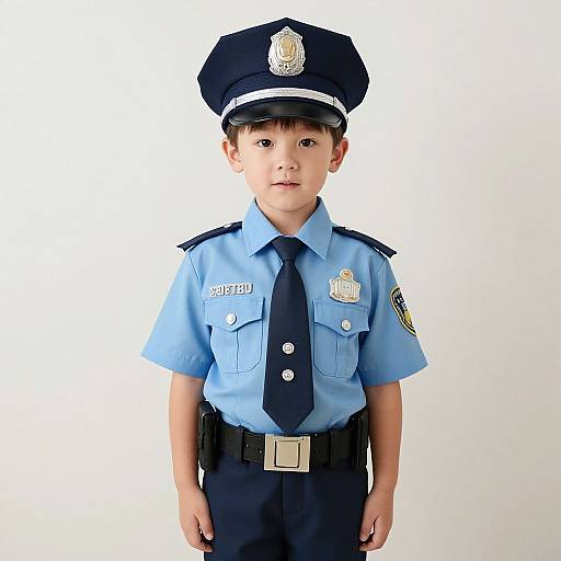 Photograph of a young boy in a light blue police uniform with dark blue hat and tie, standing against a plain white background.
