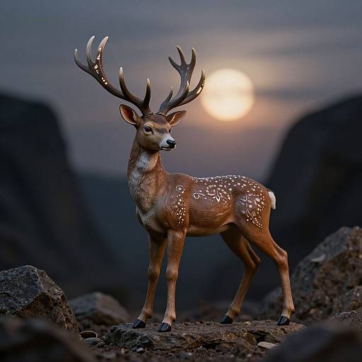 Photograph of a majestic brown deer with large antlers, white-spotted coat, standing on rocky terrain at sunset, with a glowing moon in the