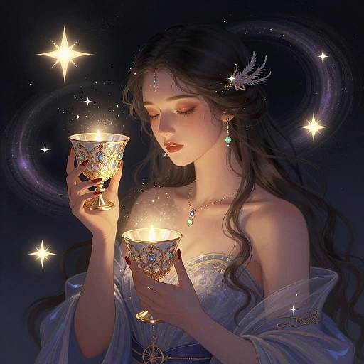Mystical Woman with Glowing Cups and Stars