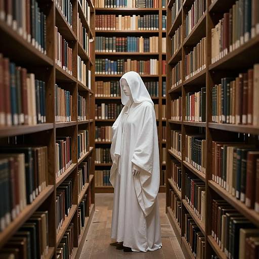 Photograph of a white-robed, hooded figure standing in a narrow, book-filled library aisle, surrounded by tall wooden shelves.