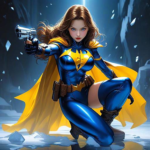 Digital art of fierce, blue-clad Wonder Woman in crouching stance, aiming a gun, with yellow cape, intense gaze, and snowy cave