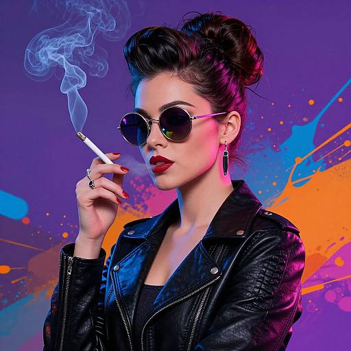 Photograph of a stylish woman with dark hair in an updo, wearing round sunglasses, red lipstick, black leather jacket, and earrings, smoking a
