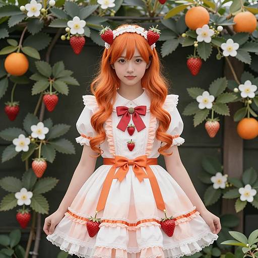 Anime Style Young Woman in Strawberry and Orange Blossom Dress