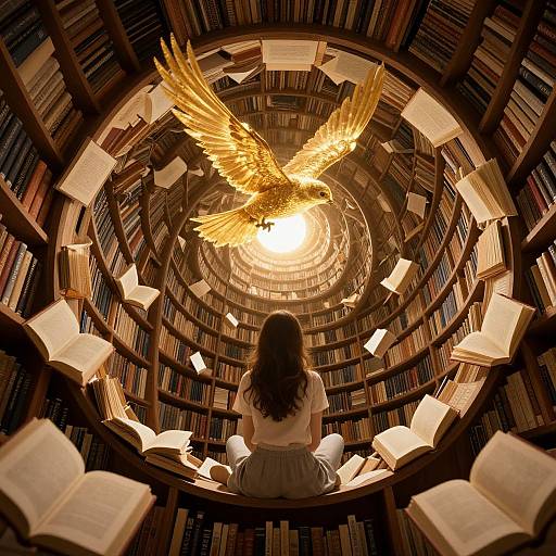 Photograph of a woman with long brown hair, seated in a library, facing a spiral bookshelf with open books, illuminated by a golden phoenix with