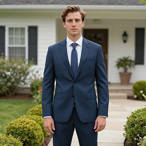 Man in Suit by House