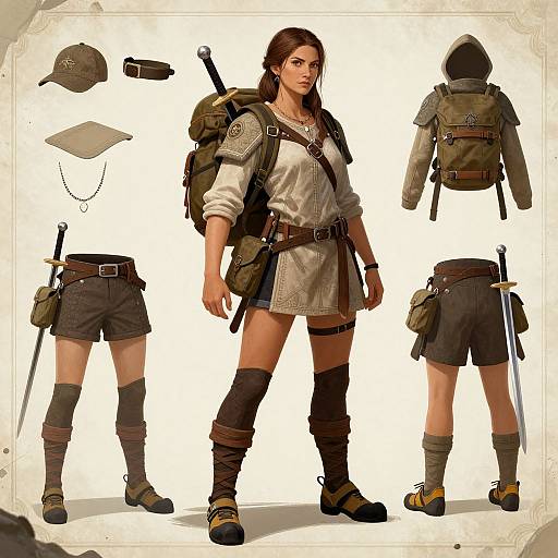 Digital character design: brown-haired woman in beige shirt, brown shorts, and combat boots, with backpack, knee guards, and sword, shown front and