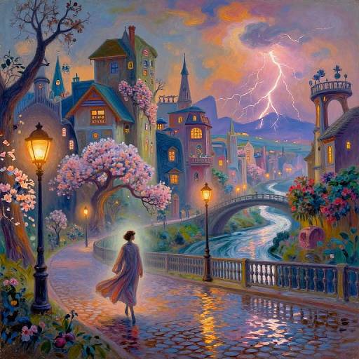 Fantasy village scene at sunset with a lone woman in a flowing dress, illuminated buildings, cherry blossoms, lampposts, river, bridge