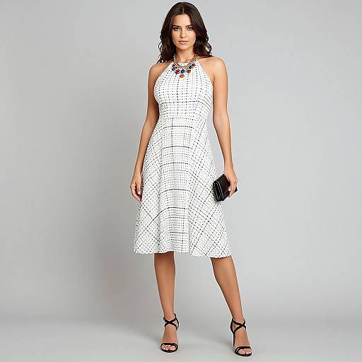 Photograph of a confident woman with wavy black hair, wearing a white, halter-neck, crochet-knit dress, black high heels, and