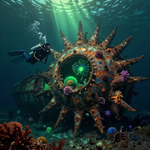 Underwater photograph of a sunken, rusted ship wheel covered in colorful sea anemones and corals, with a scuba diver swimming nearby