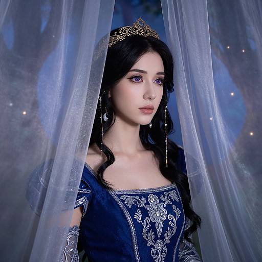 Photograph of a fair-skinned woman with long black hair, wearing a blue embroidered dress and gold tiara, standing behind sheer blue curtains, with
