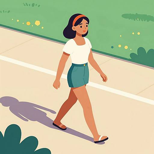 Digital illustration of a young woman with dark hair, wearing a white top, blue skirt, black flats, and orange headband, walking on a sunny