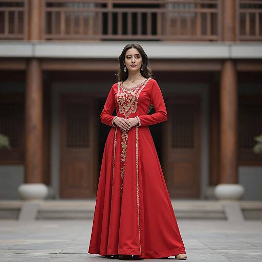Photograph of a woman with dark hair wearing a vibrant red traditional Indian dress with gold embroidery, standing in front of a wooden building with dark brown doors