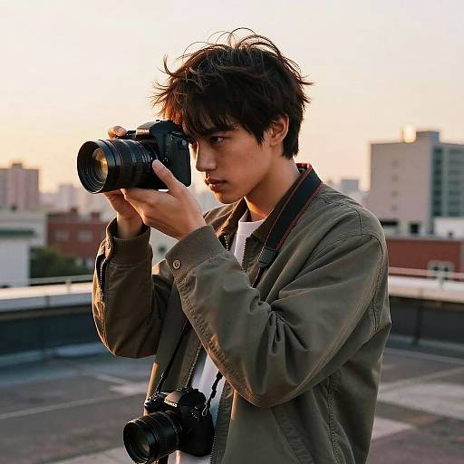 Photograph of a young Asian man with tousled dark hair, wearing a green jacket, holding a DSLR camera, concentrating on a shot, standing