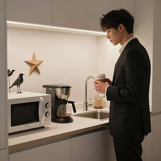 Elegant Man in Kitchen with Coffee