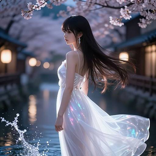Digital artwork of a young Asian woman with long black hair, wearing a glowing white, ethereal dress, standing in a moonlit, cherry blossom-l