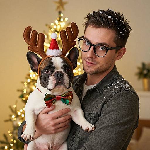 Photograph of a man with black-rimmed glasses and short brown hair, wearing a gray jacket, holding a French Bulldog dressed in reindeer