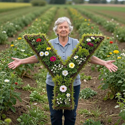 Elderly woman with white hair, wearing blue checkered shirt, stands in flower field, arms out, holding large V-shaped floral arrangement. Phot