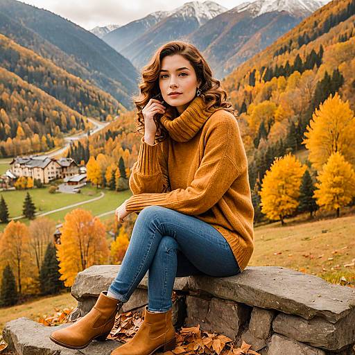 Woman in Autumn Outfit Sitting on Stone Bench in Mountains