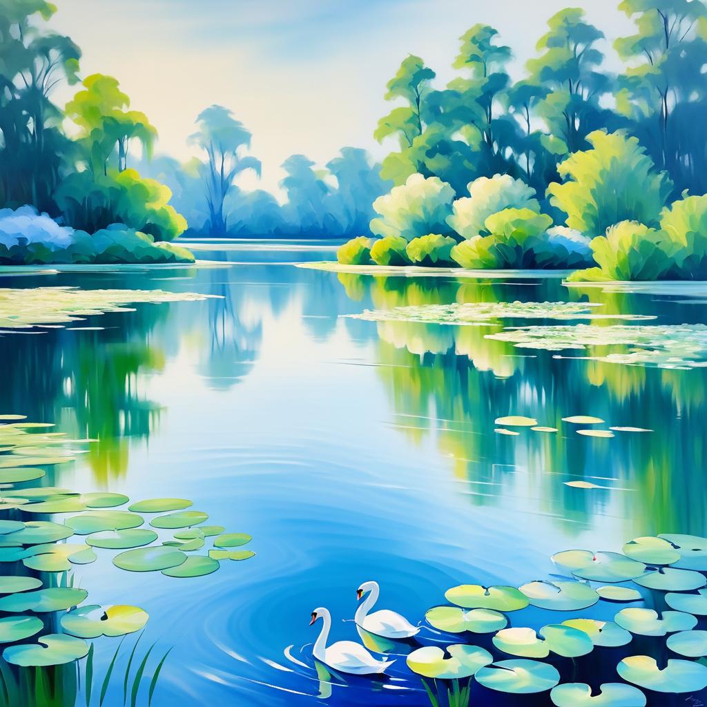 Tranquil Lake Scene with Swans and Lilypads