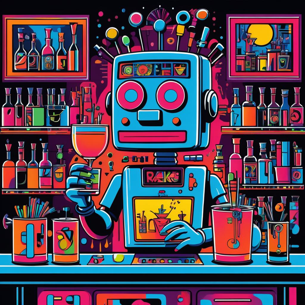 Funky Robot Bartender in Vivid Graffiti