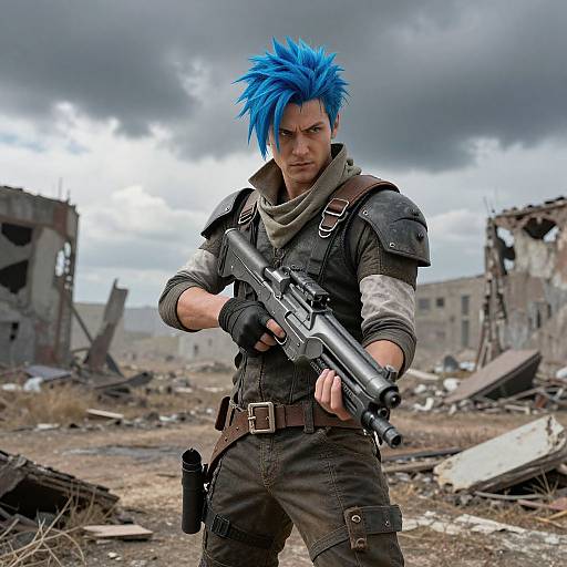 Photorealistic CGI of a muscular, blue-haired, armored man with serious expression, holding a futuristic gun in a ruined, cloudy sky urban wasteland