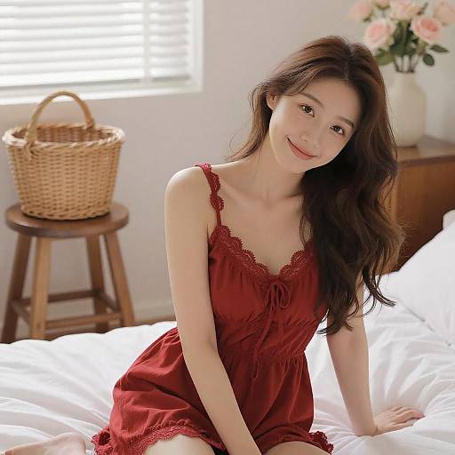 Young Woman on White Bed in Red Dress