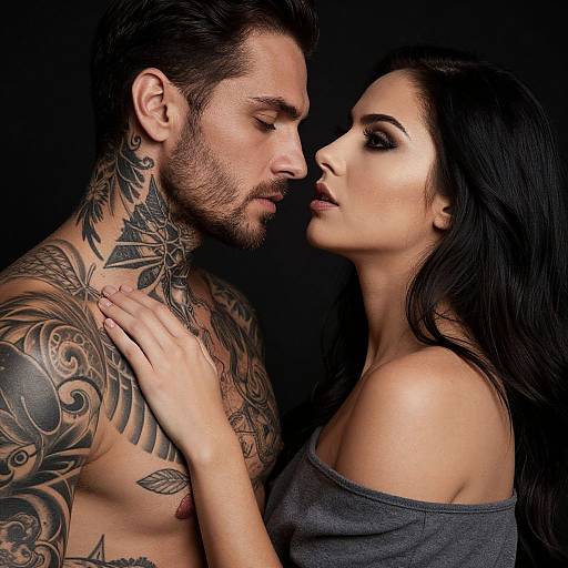 Photograph of a tattooed, bearded man with intense gaze, facing a woman with long dark hair, off-shoulder gray top, touching