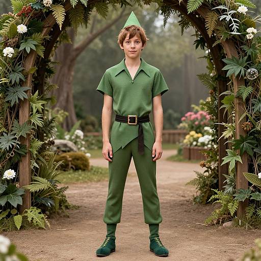 Photograph of a young boy dressed as an elf, standing in a garden archway adorned with greenery and flowers.