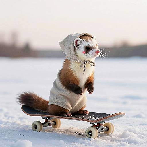 Clothed Ermine on Skateboard in Snowy Meadow