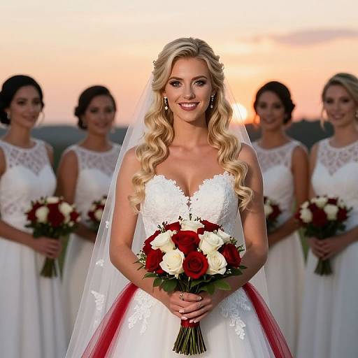 Photograph of a smiling blonde bride with long curls, wearing a white lace gown and veil, holding a red and white rose bouquet, surrounded by four