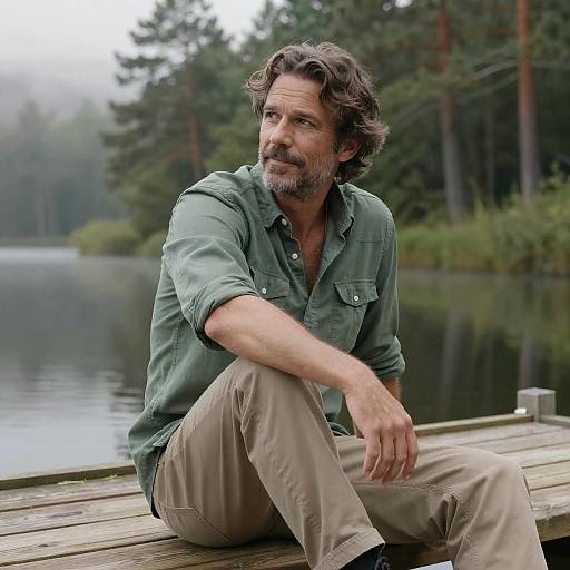 Photograph of a middle-aged man with wavy brown hair and beard, wearing a green shirt and beige pants, sitting on a wooden dock by a