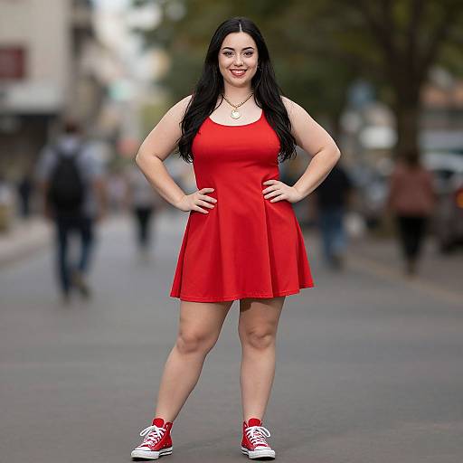 Photograph of a smiling woman with long black hair, wearing a red dress and red sneakers, standing confidently on a blurred city street.