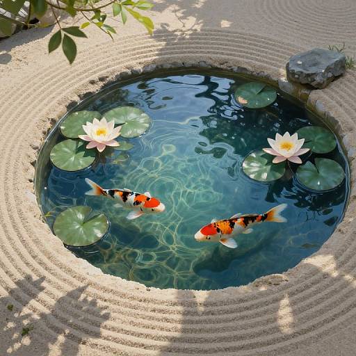 Photograph of a serene Japanese-style garden pond with raked sand, three orange and white koi fish, two water lilies, and lily