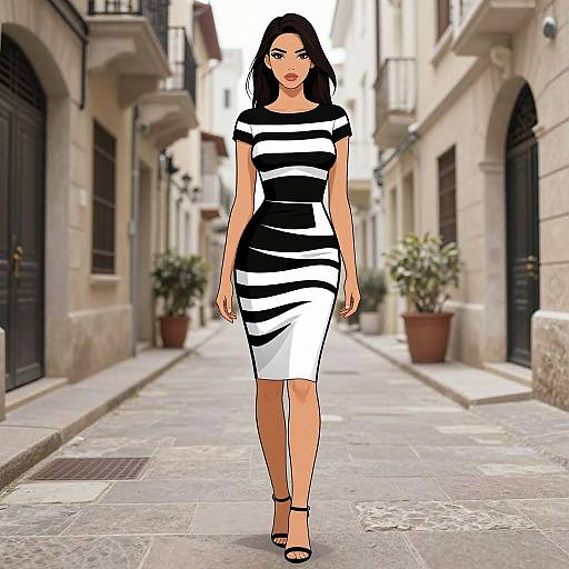 Digital illustration of a woman with long black hair, wearing a black-and-white striped form-fitting dress and black heels, walking down a narrow European street