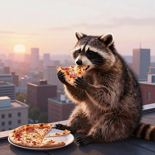 Photorealistic image of a raccoon eating pizza on a rooftop with a cityscape at sunset, holding a slice with both paws.