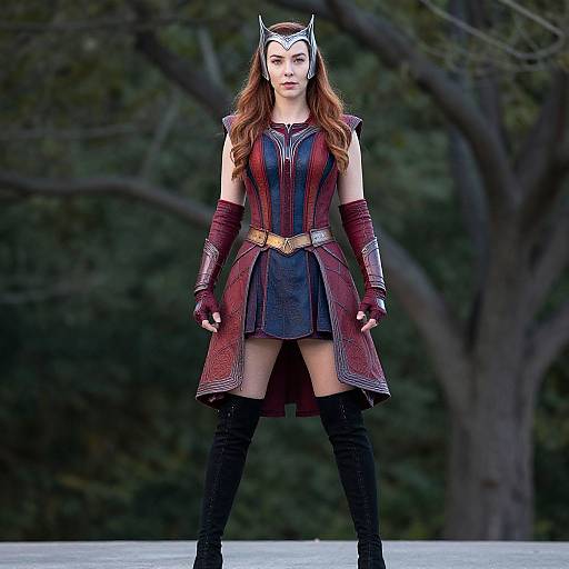 Photograph of a woman in a red and black superhero costume with a cat-ear headpiece, long gloves, skirt, and boots, standing in