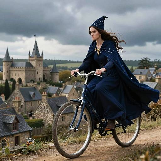 Elegant Sorceress Riding Bicycle Above Medieval Village