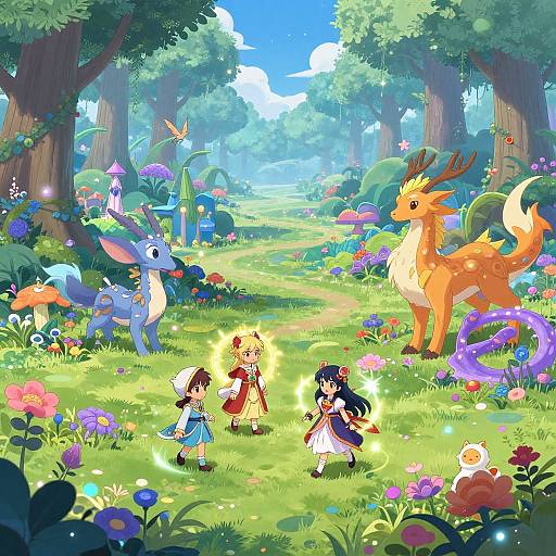 Vibrant anime-style forest scene with magical creatures, colorful flowers, and four girls in traditional clothes, surrounded by enchanted animals.