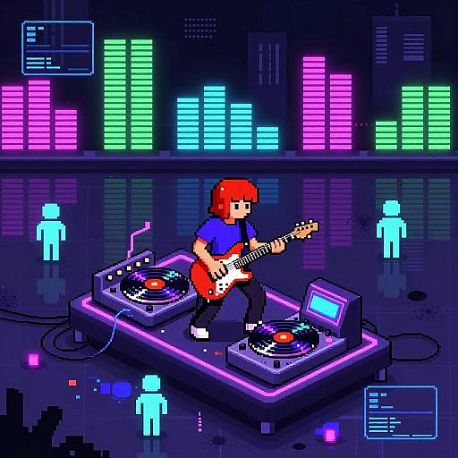 Pixel art of a red-haired boy in a blue shirt, playing a red electric guitar, mixing on neon-lit DJ gear, surrounded by glowing blue