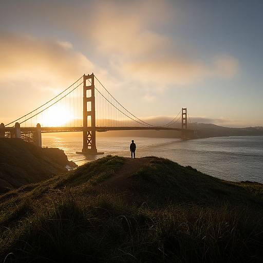 Photograph of a silhouetted person standing on grassy hill at Golden Gate Bridge during sunset, with sun partially hidden behind bridge.