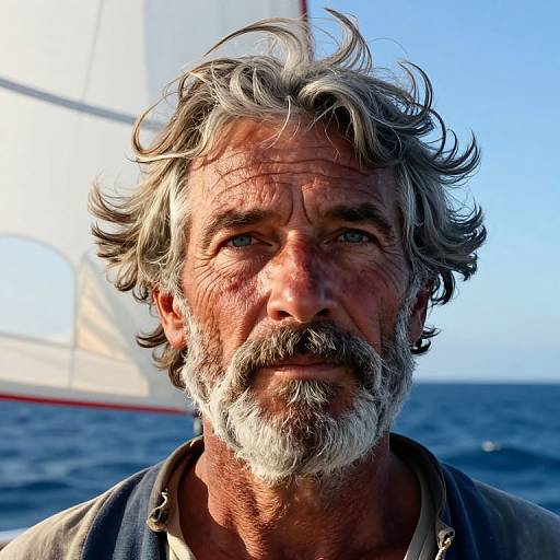 Photograph of a weathered, grey-bearded man with tousled hair, deep-set blue eyes, and sun-kissed skin, standing on