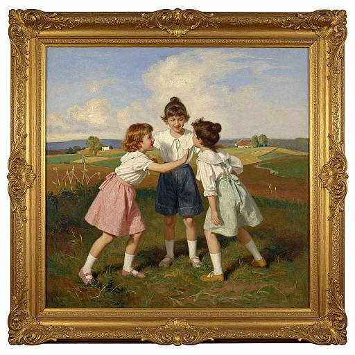 Oil painting of three children in 19th-century clothes, playfully pushing each other in a rural field, framed in an ornate gold frame.